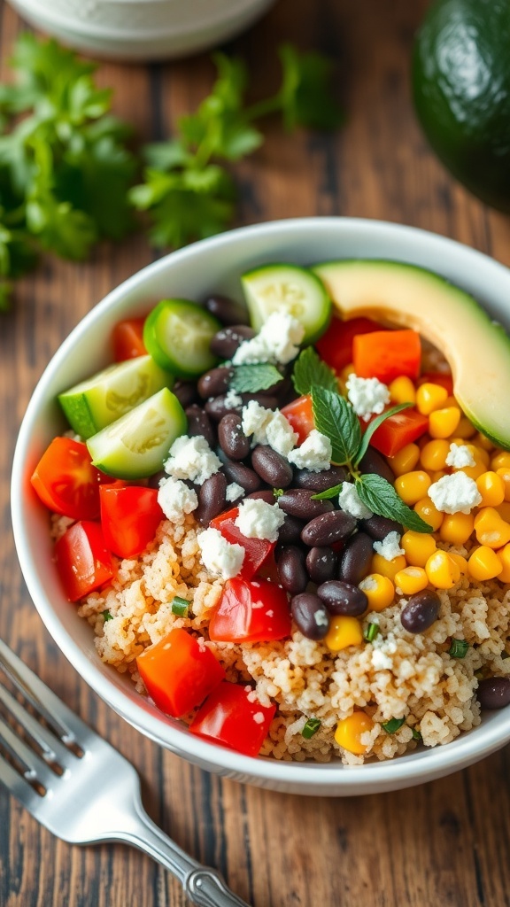 A vibrant quinoa bowl with tomatoes, cucumber, bell pepper, avocado, black beans, and corn, garnished with feta and herbs.